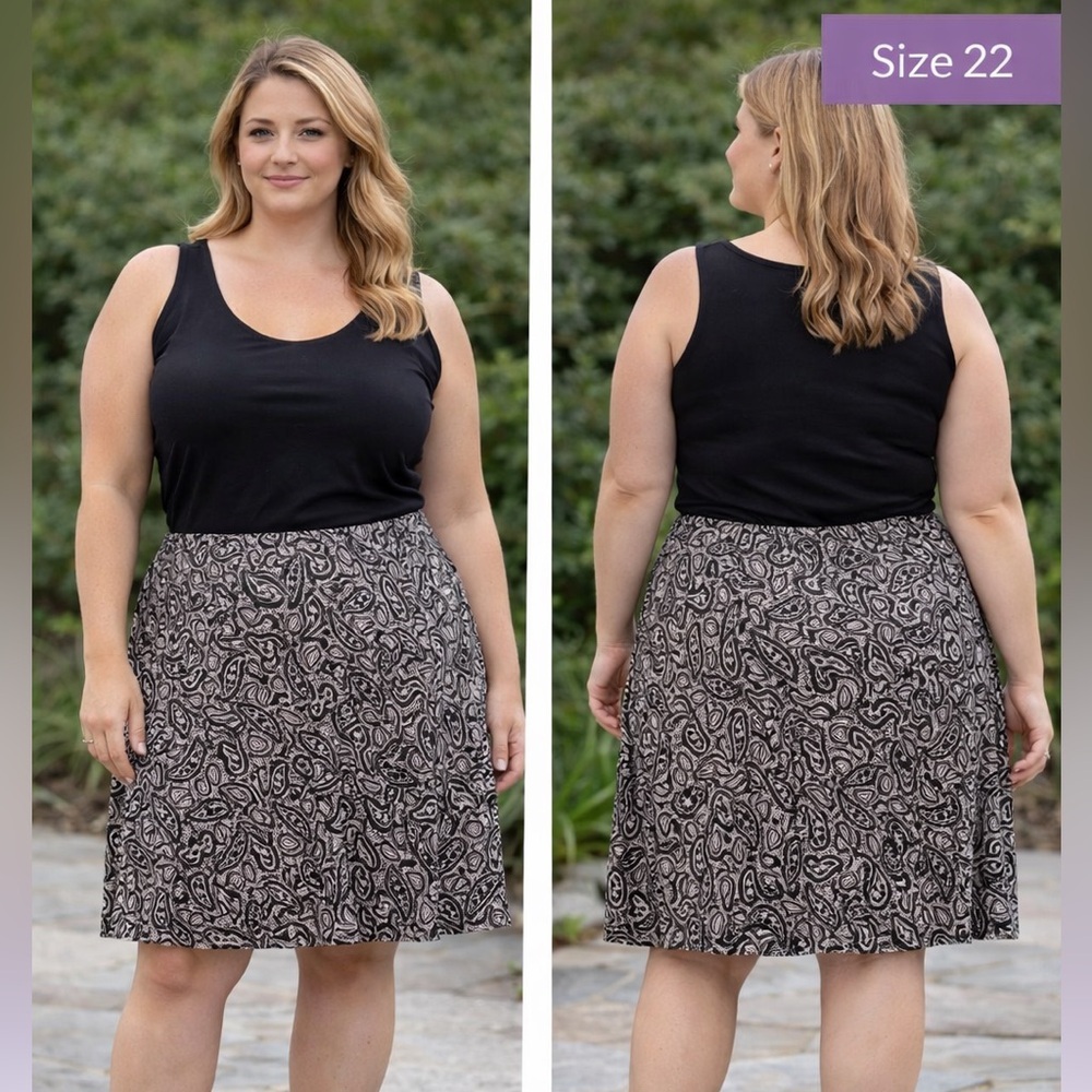 Plus Size Black and Taupe Paisley A-Line Skirt size 22 waist 40in length 31in